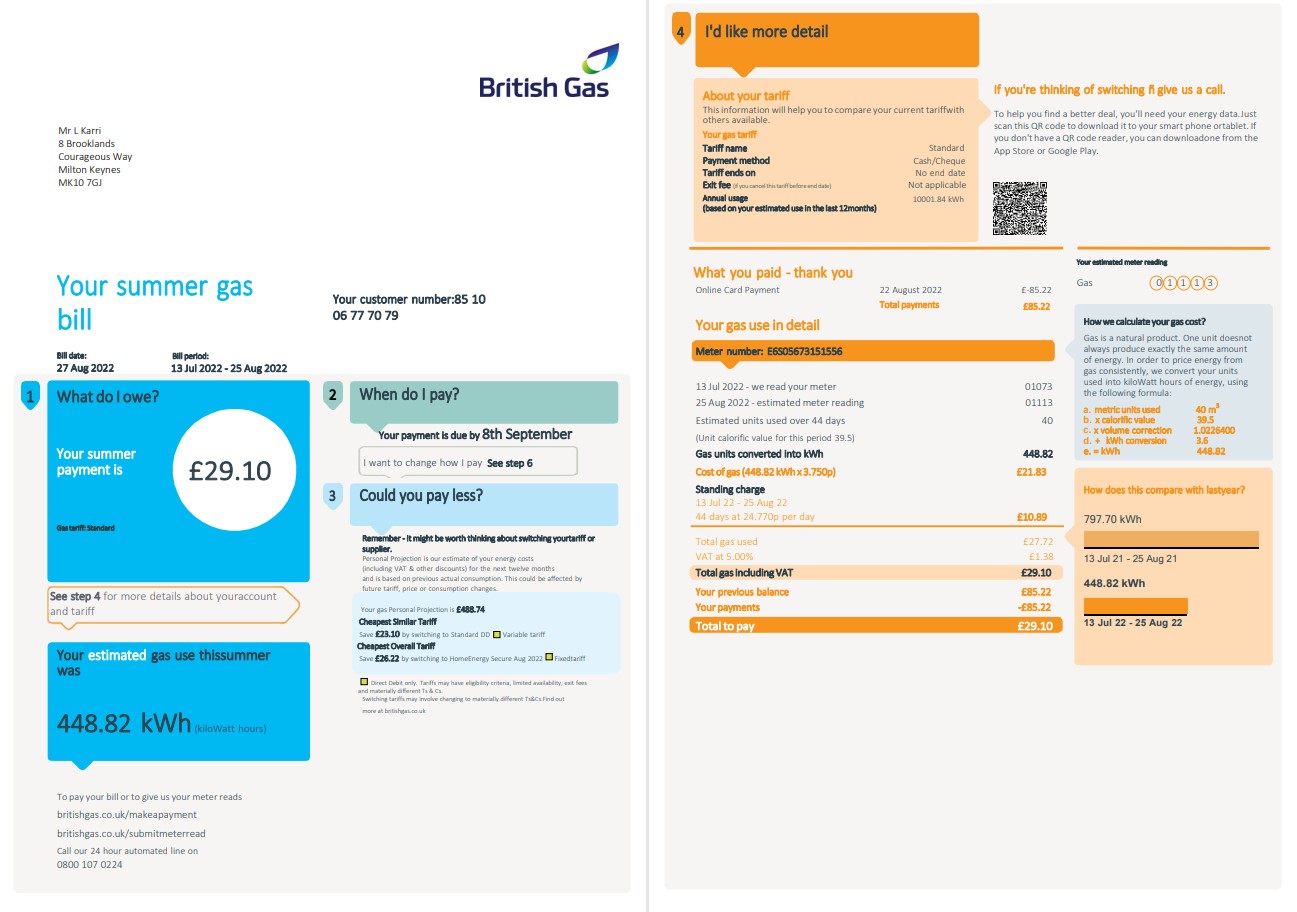 United Kingdom British Gas utility bill, Word and PDF template, 4 pages 1 2
